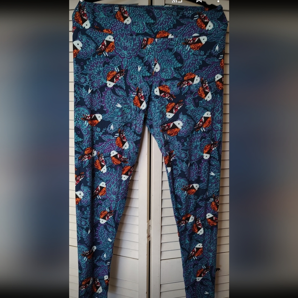 Lularoe Print Leggings, Tall and Curvy, Teals and Oranges with Black